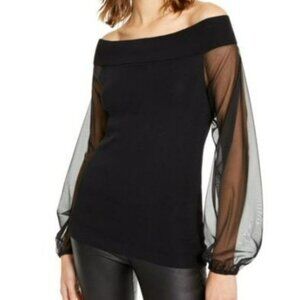 INC Women's Black Sheer Solid Long Sleeve Off Shoulder, Sizes Med & Large, NWT